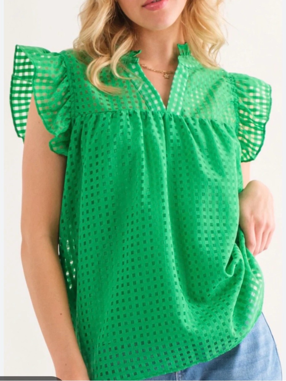 Green Flutter Sleeve Eyelet Top